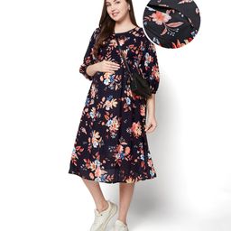 Bella Mama WovenThree Fourth Sleeves Floral Printed Maternity Dress - Black-picture-30