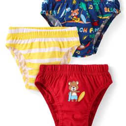 Babyhug 100% Cotton Knit Antibacterial Briefs with Beach Theme Print & Stripes Pack of 3 - Red Navy Blue & Yellow-image-94
