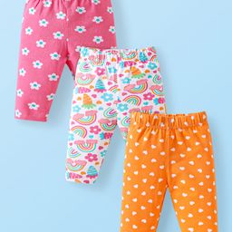 Babyhug Cotton Lycra Knit Three Fourth Length Leggings With Floral Heart & Rainbow Print Pack of 3 - Orange White & Pink-image-89