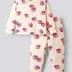 Bonfino 100% Cotton Knit Full Sleeves Co-ords Night Suit with Fish Print - Beige-image-24