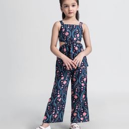 Taffykids Viscose Sleeveless Floral Printed Coordinating Top & Pant Set - Navy Blue & Multi Colour-image-62