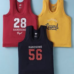 Zero Sinker Knit Sleeveless Set of Vests with Typography Print Pack of 3 - Red, Yellow & Navy Blue-3