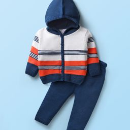 Babyhug Knitted Full Sleeves Hooded Striped Sweater Set - Navy Blue-image-8