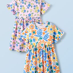 Honeyhap Premium Cotton Half Sleeves Frocks With Bio Finish & Floral Print Pack Of 2 - Pink Tulle & Bright White-image-20