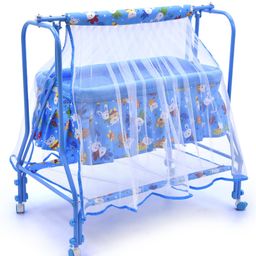 BUBBLEBABY Premium Cradle With Mosquito Net All 360° Rotating Wheels With Wheel Lock Storage Basket - Blue-25