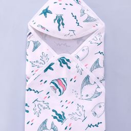 Kookie Kids Interlock Knit Hooded Towel With Sea Animals Print - White-image-28