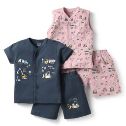 CUCUMBER Sinker Knit Half Sleeves Shorts Co-Ord Night Suits With Vehicle Print Pack of 2 - Charcoal Grey & Pink-image-28
