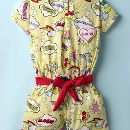Dew Drops Poplin Woven Half Sleeves Printed Jumpsuit With Belt - Yellow-image-82