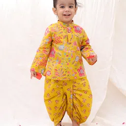 BownBee Pure Cotton Woven Full Sleeves Floral Printed Dhoti Kurta Set - Yellow-picture-29