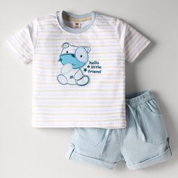ToffyHouse Single Jersey Knit Half Sleeves Striped T-Shirt & Shorts Set with Bear Patch Detailing - Light Blue-picture-1