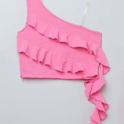 Taffykids Woven One Shoulder Ruffle Detailed Crop Top - Pink-image-17