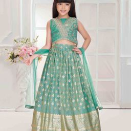 Tiny Kingdom Woven Sleevless Sequin Embellished Floral Embroidered Choli & Lehenga With Dupatta - Green-image-87