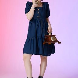 Femvy Women Square Neck Puff Sleeve Fit & Flare Dress-picture-48