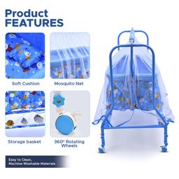 BUBBLEBABY Premium Cradle With Mosquito Net All 360° Rotating Wheels With Wheel Lock Storage Basket - Blue image 4