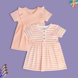 MINIKLUB Peach & White New Born And Baby Girls Short Sleeve Dress-image-3