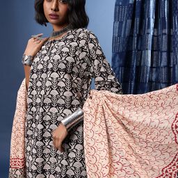 Taavi Indie Floral Printed Keyhole Neck Straight Bagru Kurta with Trousers & Dupatta-2