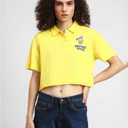 Forever 21 Yellow Cotton Graphic Print Crop Top-image-80