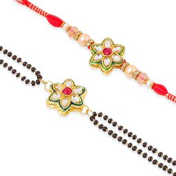 Anouk Set Of 2 Kundan Studded & Beaded Bhaiya Bhabhi Rakhis With Roli Chawal image 4