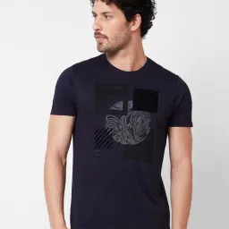 Spykar Navy Slim Fit Graphic Print Crew T-Shirt-picture-31