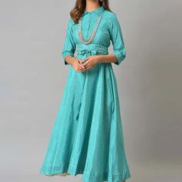 W Teal Blue Polka Dots A-Line Dress-image-18