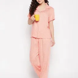 Clovia Peach Printed Shirt With Pyjamas-image-39