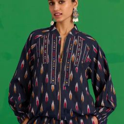Okhai Navy Blue Cotton Embroidery Regular Fit Jacket-image-75