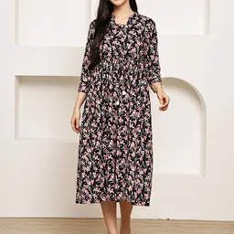 Roly Poly Floral Printed Mandarin Collar Pure Cotton Empire Dress-picture-21