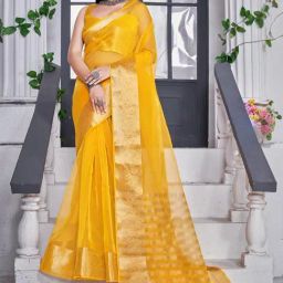 Satrani Turmeric Yellow Saree With Unstitched Blouse-image-94