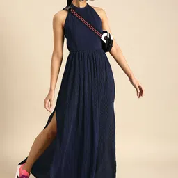 DODO & MOA Women Navy Blue Solid Accordion Pleated Maxi Dress Blouson Dress-image-39