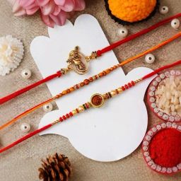 eCraftIndia Set of 3 Religious Rakhis for Brothers with Sibling Agreement & Roli Chawal Pack-48