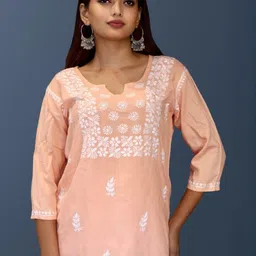 myplusfashion Women Peach Viscose Rayon Kurtis-picture-2