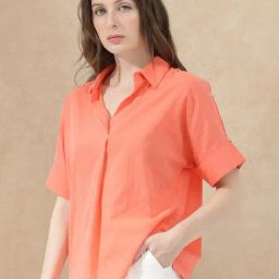 RAREISM Orange Cotton Solid Short Sleeves Top-image-28