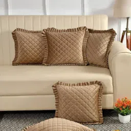 HOSTA HOMES Quilted Beige Velvet Frilled Cushion Covers - Set of 5-image-30