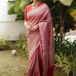 Satrani Red Woven Saree With Unstitched Blouse-image-19
