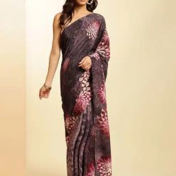 navyasa by liva Brown Printed Saree With Unstitched Blouse-picture-22