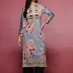 Ahalyaa Grey Velvet Regular Fit Printed Kurta-picture-6