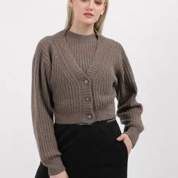 CALVIN KLEIN JEANS Brown Regular Fit Cotton V-Neck Front-Open Sweater-image-57