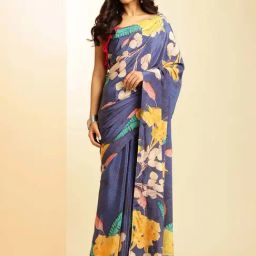 navyasa by liva Blue Printed Saree With Unstitched Blouse-picture-41