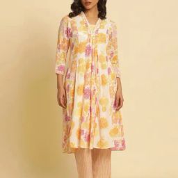 W Beige Cotton Printed A Line Kurta-image-20
