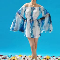 Cin Cin Blue Wave Printed Off Shoulder Playsuit-image-1