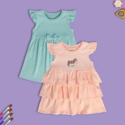 MINIKLUB Orange & Green New Born And Baby Girls Frill Sleeve Dress-image-16