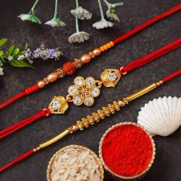 eCraftIndia Set of 3 Rudraksha Floral Rakhis for Brothers with Sibling Agreement & Roli Chawal-image-7