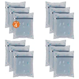 Kuber Industries White & Blue 12 Pieces Cactus Printed Reusable Laundry Bags With Zipper-14