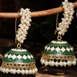 OOMPH Green & White Meenakari Enamel Pearls Large Ethnic Jhumka Earrings-23