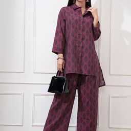 Vishudh Women Printed Tunic with Shirt Collar and Elasticated Bottom Co-Ord Set-1