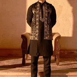 Jompers Yoke Design Chikankari Mandarin Collar Kurta With Pyjamas & Nehru Jacket-picture-0
