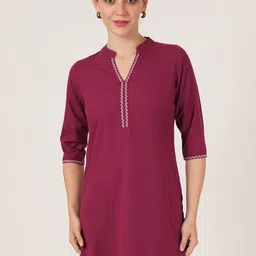 Brownverse Mandarin Collar Thread Work Pure Cotton Straight Kurti-image-47
