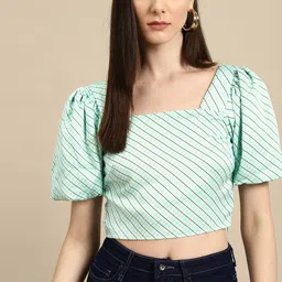 all about you Checked Puff Sleeves Square Neck Satin Crop Top-image-70