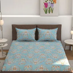 MOGNE FAB Blue & Brown Floral Cotton Fitted 210 TC King Bedsheet Set 2.28 m x 2.54 m-image-61