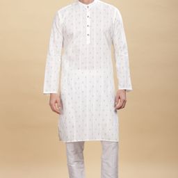 Anouk White Woven Design Band Collar Cotton Straight Kurta-image-41